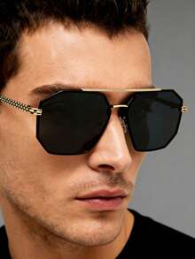 1 Pair Gold Frame Men's Fashion Glasses, High-End Retro Chic Fashion Glasses, Fashion Eyewear Suitable For Driving, Vacation, Beach, Daily Wear - Multicolor - View 3
