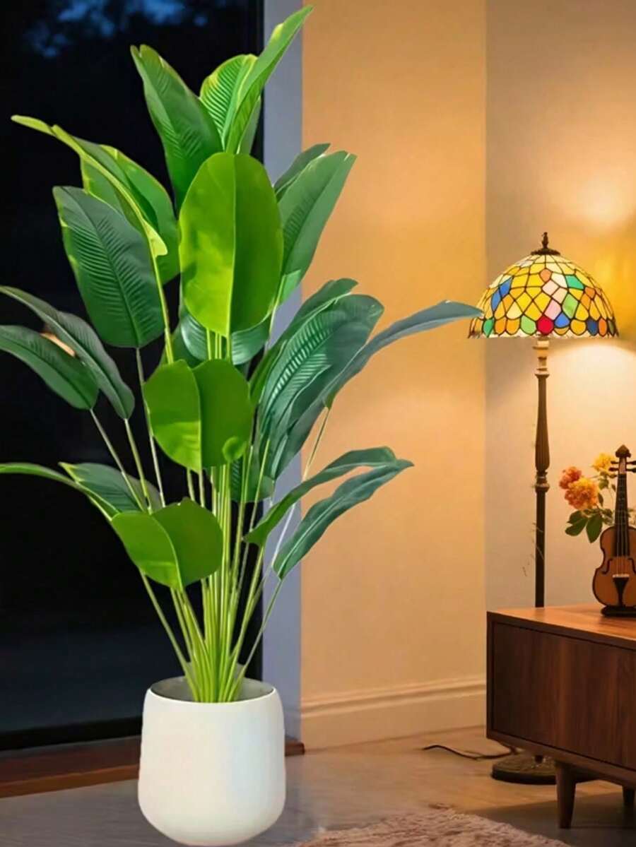 1pc 85-115cm Large Artificial Paradise Bird Tree Tropical Fake Banana Leaves Big Size Plastic Palm Plant Leaves Home Garden Decor (Pot Not Included) - Green - View 1