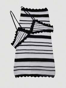 Sexy BohoFeel 2Pcs Set Colorblock Stripe Backless Knitted Bralet & Ruffle Trim Crochet Fishtail Maxi Skirt Beach Coverup Outfit - Black and White - View 8