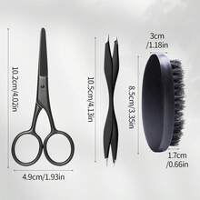 2025 New Men's Beard Care 3 Pieces Set - Round Tip Sharp Scissors + Portable Folding Comb, Grooming Tools For Trimming Beard & Eyebrows, Neat Styling - Black - View 11
