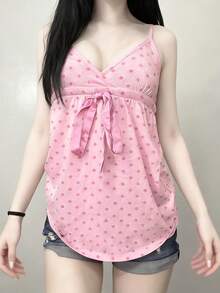 时尚甜美可爱波点印花蝴蝶结吊带背心，女士V领无袖露脐上衣，Y2K街头风修身款，夏季休闲粉色 - 粉色 - 查看 3