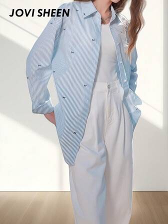JOVI SHEEN 优雅女士休闲长袖纽扣衬衫，条纹蝴蝶结印花设计，适合办公室女士穿着