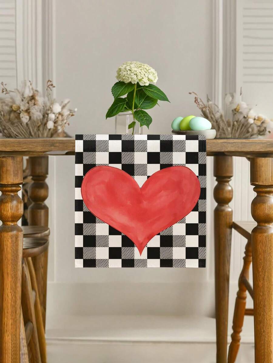 1pc Valentine's Day Table Runner, Plaid Linen Fabric, Nordic Holiday Decor, Insulated Tablecloth - Black - View 1