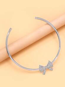 1pc New Hollow Bowknot Necklace, Minimalist Luxury Heavy Rhinestone Decor Clavicle Chain, Fashion Party Dress Accessory - Silver - View 5