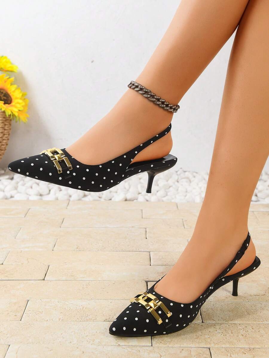 2026新款尖头凉鞋，黑白波点金属扣尖头高跟鞋，细高跟女鞋，时尚通勤鞋 - 黑色 - 查看 1