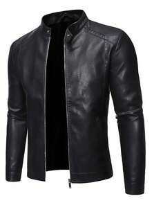 AHTELB Men's Casual Retro Motorcycle Leather Jacket, Spring Autumn - Black - View 2