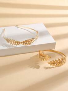 一套金色希腊女神头饰和臂环，新娘首饰套装，罗马月桂叶皇冠臂环，可调节臂套 - 金色 - 查看 1
