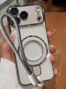 奢华电镀透明磁吸指环无线充电手机壳，带短绳，兼容 17 Pro Max、17 Pro、17、16 Pro Max、16 Pro、16、15 Pro Max、15 Pro、14 Pro Max、14 Pro、14、13 Pro Max、13 Pro、13、12 Pro Max、11，带腕带保护套