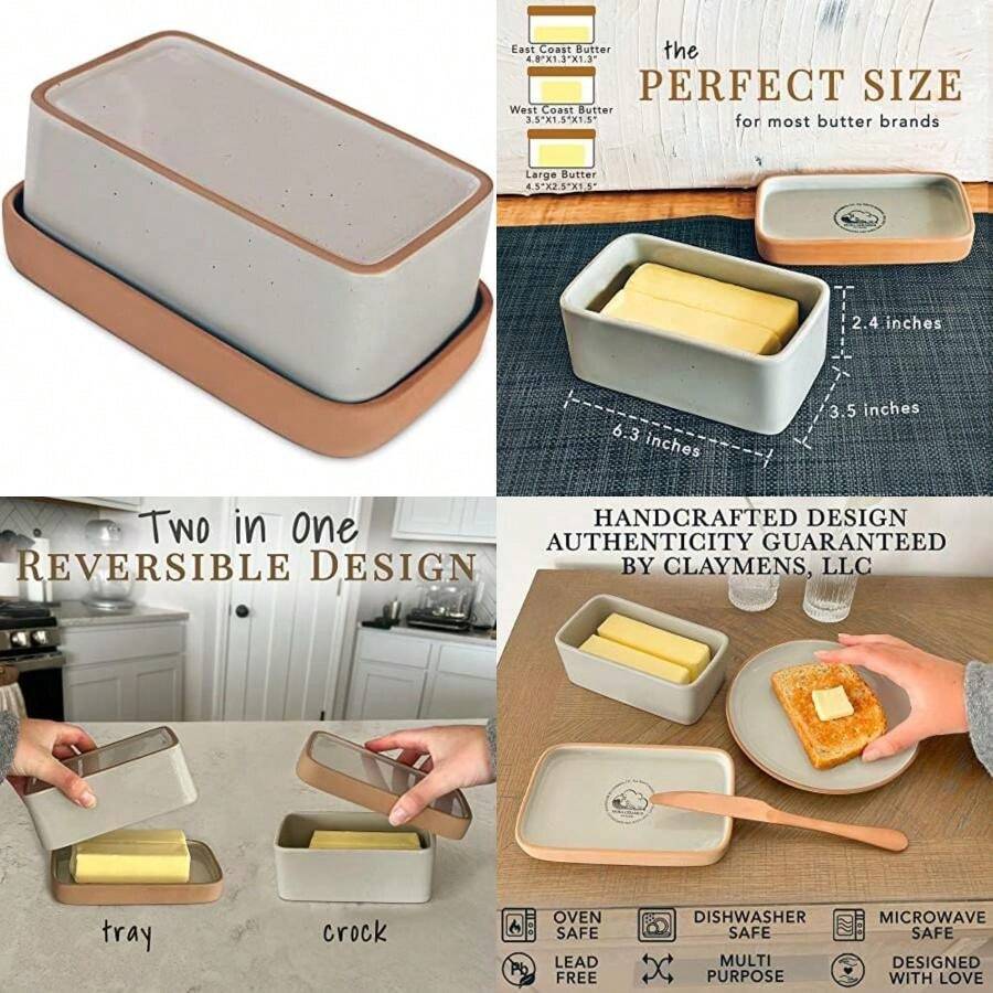 Plato de mantequilla cerámico Mora de dos en uno con tapa, recipiente cubierto para mantequilla para dejar en el mostrador - Contenedor/soporte de almacenamiento grande para la cocina, regalos para ella, bandeja de mantequilla para el mostrador - (Earl Grey) - Multicolor - Ver 1