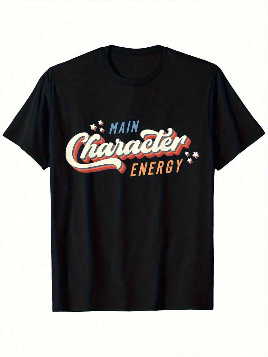Men's Funny Main Character Energy Graphic Tee - Soft & Breathable Crew Neck Tee With Bold Main Character Energy Print In Orange/Teal - Casual Everyday Wear Tee For Gamers, Anime Fans & Comic Con Attendees - Sizes S-3XL (All Year Round Comfort) - 黑色 - 查看 1
