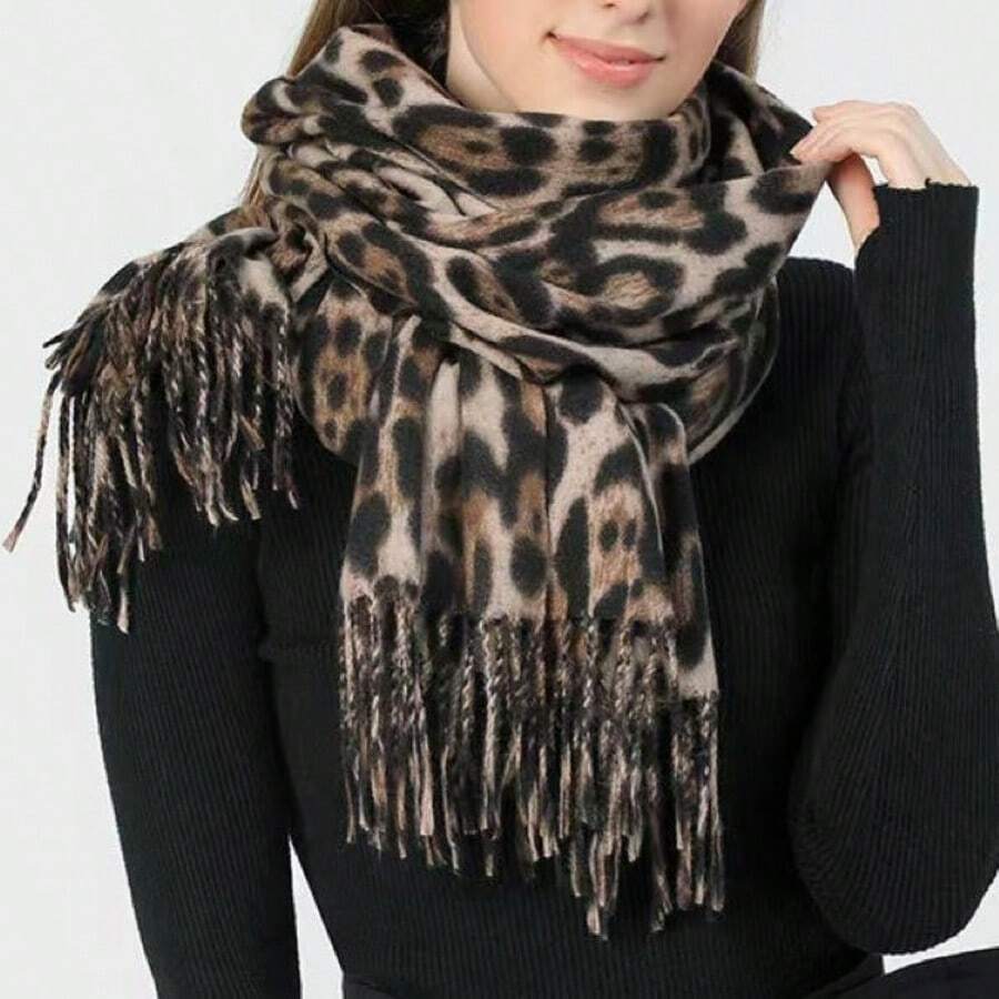 流苏披肩围巾斗篷，时尚新款百搭格纹叠层围巾，尽显高端质感 - 卡其豹紋 - 查看 1