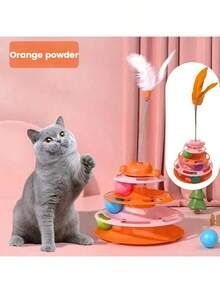 1pc Cat Toy Teaser Wand Cat Turntable Self-Entertainment Ball 3-Layer Track Plate For Kitten & Pet, Some Accessories (Feathers, Small Balls) Are Random In Color And Style