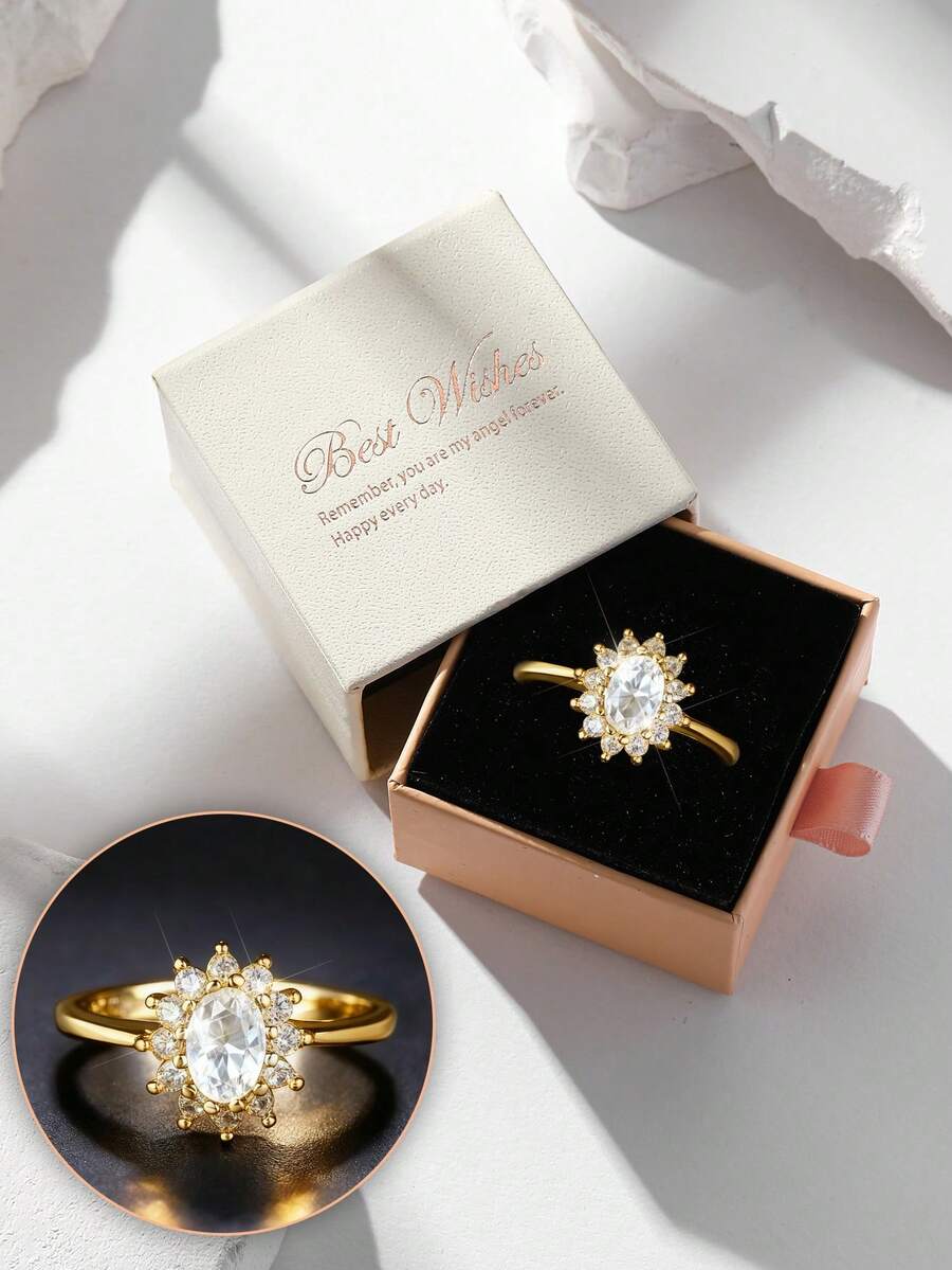 Hộp quà tặng Nhẫn vàng Cubic Zirconia sáng bóng sang trọng, Trang sức thời trang cho nữ Tiệc cưới đính hôn, Chất lượng cao Không gây dị ứng Không phai màu, Quà tặng lý tưởng cho ngày lễ tình nhân - Vàng - Xem 1