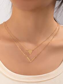 1pc Fashionable European & American Style Geometric V-Shaped & Inverted Triangle Double Layer Necklace, Elegant & Beautiful For Daily Wear - Gold - View 1