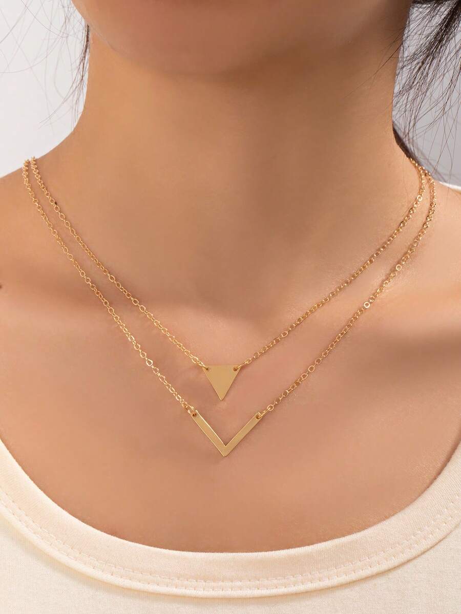 1pc Fashionable European & American Style Geometric V-Shaped & Inverted Triangle Double Layer Necklace, Elegant & Beautiful For Daily Wear - Gold - View 1