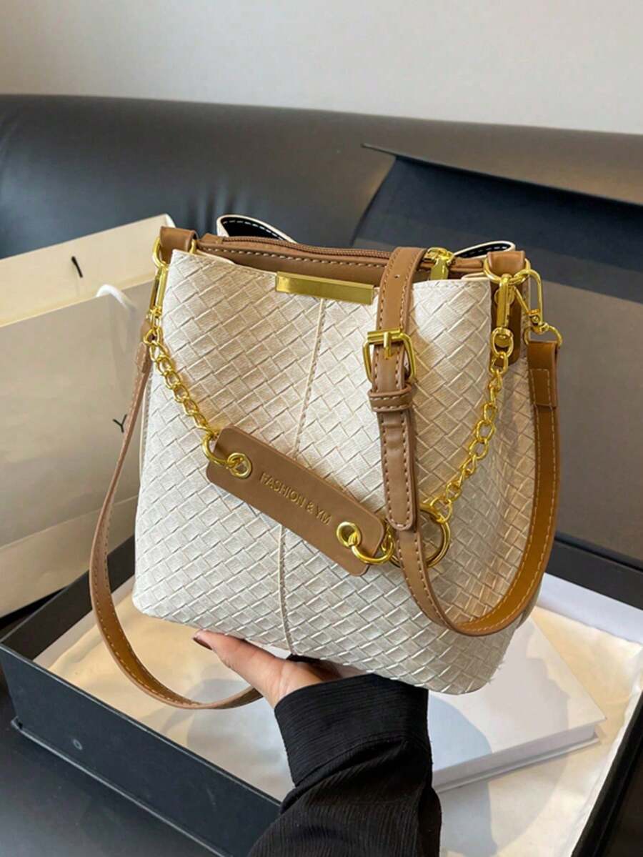 1 chiếc (8,66in*8,66in*4,72in) Túi đeo vai thời trang dành cho nữ, Trang trí bằng kim loại, Dây đeo mảnh có thể điều chỉnh, Thích hợp cho đi làm, mua sắm, hẹn hò, Túi xô tối giản thanh lịch, Trang trí nổi bằng vải không dệt