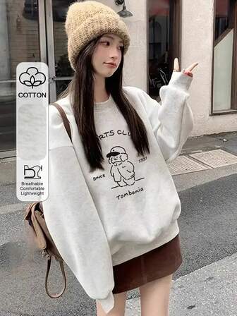 女士Y2K风格撞色字母和可爱雪人印花宽松舒适休闲日常通勤居家圆领卫衣，灰色