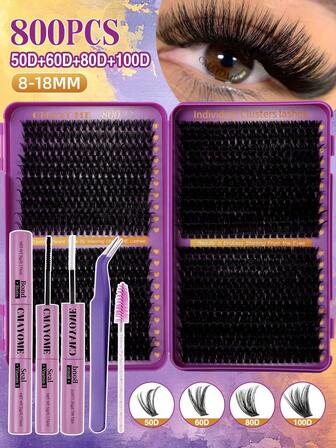 641/800pcs D Curl Individual Lash Clusters Wide Stem 10-18mm DIY Lash Clusters Extra Thick&Fluffy&Natural Look Reusable Individual Eyelash Extension Kit With Makeup Tools Bond And Seal&Lash Tweezers&2 Lash Brushes For Self Use At Home Or On-The-Go For Daily Life&Wedding&Dating&Party&Travel&Spring Day