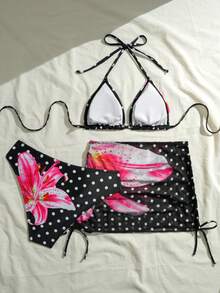 Women's Summer Vacation Beach Floral & Polka Dot Print Halter Tie Bikini 3 Pieces Set - Black - View 5