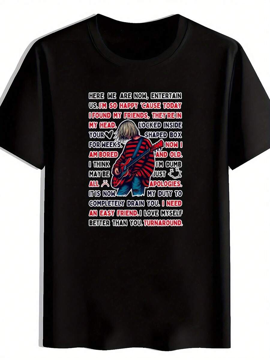 Camiseta Casual de Cuello Redondo para Hombre con Estampado Gráfico 'Aquí Voy Yo Mismo'. Poliéster. Manga corta. Ajuste Regular. Esencial de Verano para Viajar. Citando. Playa. y festivales. Camisa de viaje estilo casual tela de poliéster - Negro - Ver 1