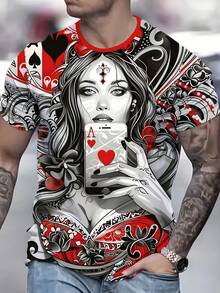 Spades A Card Men's 3D Printed Graphic T-Shirt - Vibrant Full-Body Artistic Design, Breathable Round Neck Short Sleeve, Summer Casual Wear, Machine Washable Holiday Gift, Bold Pattern Shirt, Durable Fabric Shirt - 混合色 - 查看 2