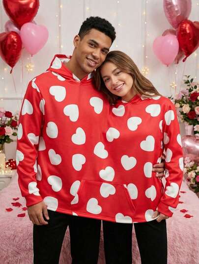 Valentine's Day Couple Matching Hoodies,Casual Oversized One-Size Pullover Hooded Hoodies,Happy Valentine's Day' Heart Graphic Print,Valentine's Day Couple Outfits,Matching Heart Graphic Hoodies,Casual Loose Pullover Hoodies For Couples,Valentine's Day Themed Hoodies,Couple Matching Hooded Tops
