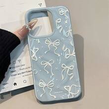 White Bow High-Grade Irregular Fold Meteorite Pattern Mobile Phone Case For IPhone 17 Air/16/15/14/13/12 Pro Max/14 15 16 17 Plus/17 16 15 14 11 12 13 Pro Large Hole Macaron Color Girly Non-Slip Soft Shell Anti-Fall Protective Cover - 藍色 - 查看 4