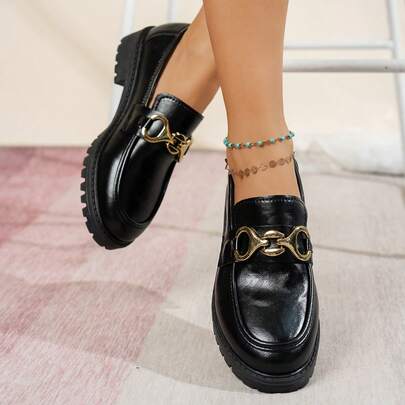 Women's Loafers Flat Shoes, Collegiate Style Pure Metal Buckle Office Wear Black Shoes, Round Toe Chunky Heel Slip-On Mid-Top Shoes