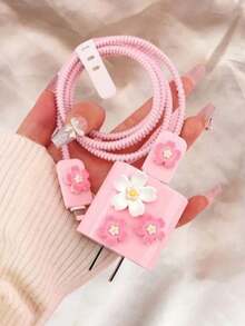 5pcs/Set Pink Sakura Charging Cable Protector, Compatible With IPhone 14 Data Cable Winding Protector, 20W Charger Protective Case,Gifts For A Girlish Heart, Gifts For Your Girlfriend, Christmas Gifts