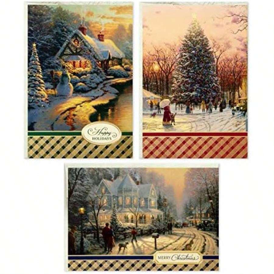 Hallmark Thomas Kinkade - Surtido de tarjetas de Navidad en caja, casas nevadas (40 tarjetas con sobres y sellos de aluminio)(Surtido Kinkade) - Multicolor - Ver 1