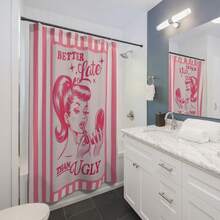 Retro Pop Art Shower Curtain Pink Stripes, 'better Late Than Ugly' Minimalist Bathroom Decor Gift Unique Home Decor For Friends - 1 - 查看 4