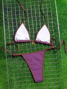 wohenmeili Set Bikini Halter Motif Kotak-kotak untuk Liburan Musim Panas Wanita di Pantai - Kotak-kotak coklat dan biru - View 10