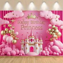 1. 粉色公主城堡生日快乐派对背景横幅 - 梦幻涤纶背景布，适用于房间、墙壁和照片装饰，饰有金色气球、星星和旗帜。非常适合派对装饰、卧室、客厅和户外活动，以及生日、周年纪念日、婚礼、照片墙和礼品。 - 彩色 - 查看 1