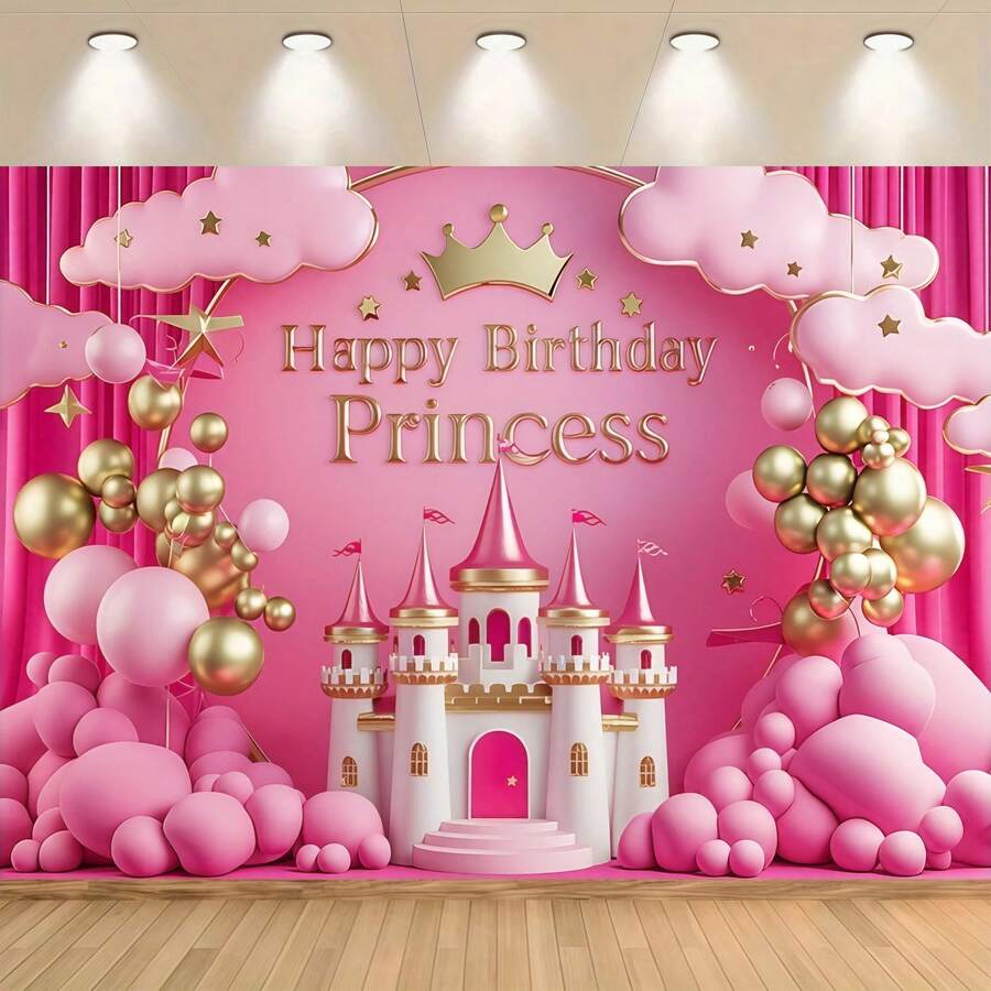 1. 粉色公主城堡生日快乐派对背景横幅 - 梦幻涤纶背景布，适用于房间、墙壁和照片装饰，饰有金色气球、星星和旗帜。非常适合派对装饰、卧室、客厅和户外活动，以及生日、周年纪念日、婚礼、照片墙和礼品。 - 彩色 - 查看 1