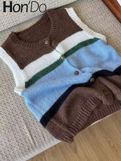 Hon'Do 2026 Spring Summer Carnival Vacation Fashion Colorful Striped Vest, Stylish Women's Knit Tank Top, Round Neck Ribbed Knit Detail, Colorful Striped Design