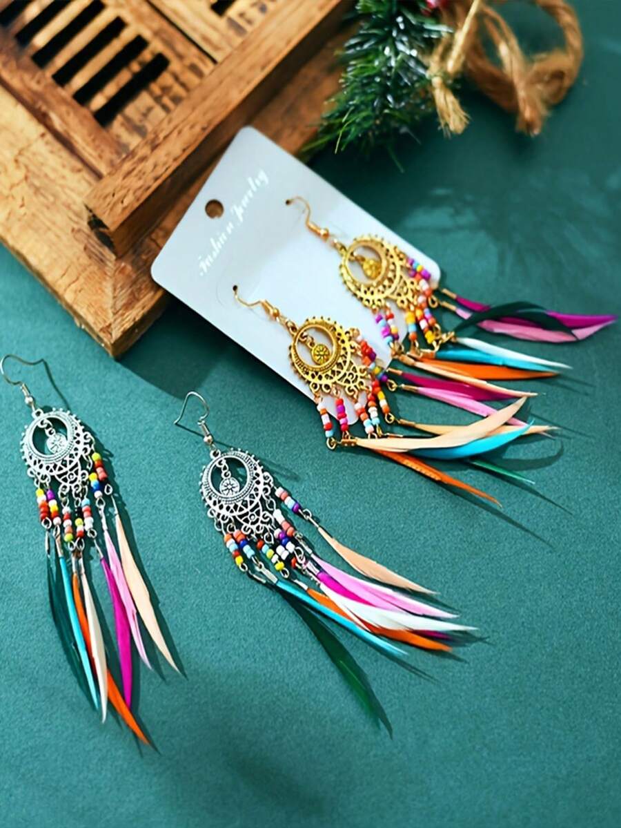 Vintage Hollow Out Long Feather Earrings, Colorful Beaded Tassel Earrings - Natural Feathers - View 1