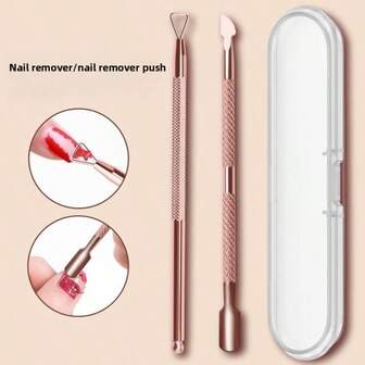 2pcs/Set Nail Care Tools With Storage Box, Stainless Steel Cuticle Pusher & Remover, Manicure & Pedicure Accessories