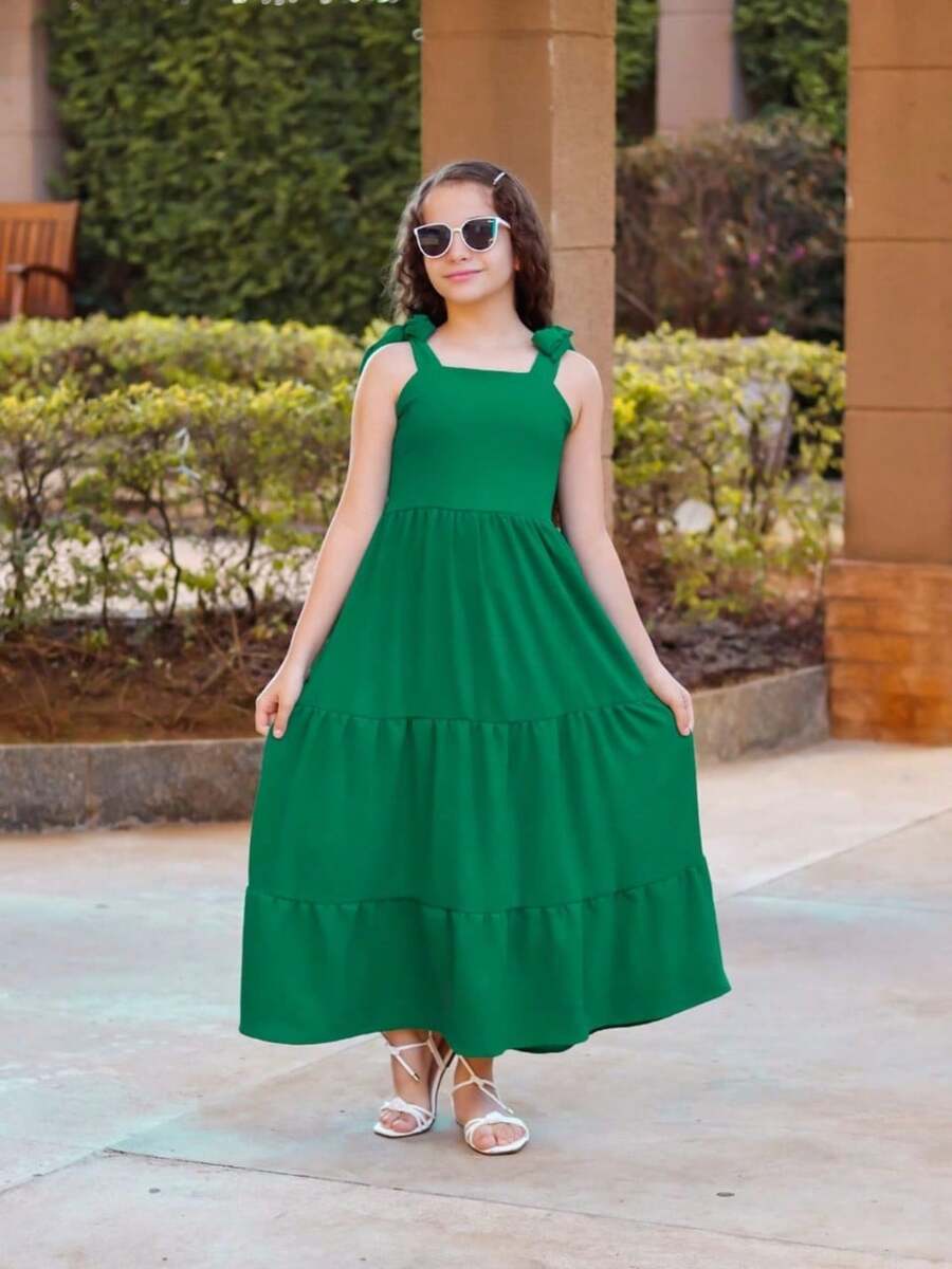 Girls' Long Three-Tiered Dress With Straps | Duna Fabric | Elastic Back | Sizes 12 To 16 - 綠色 - 查看 1
