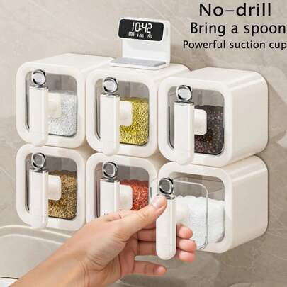 Caja de condimentos no perforada, contenedor de almacenamiento de condimentos con cuchara, tarro de especias, especias de chile, organizador de cocina