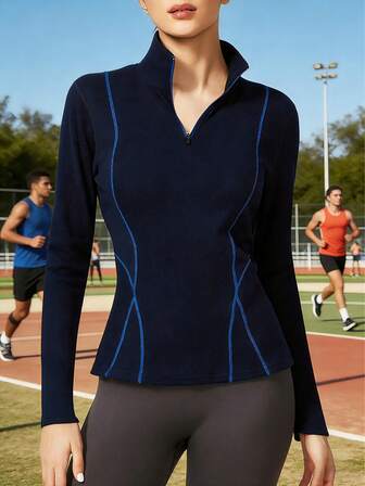 Damen Sport Outdoor Running Stehkragen Damen Sport Top mit halber Reißverschluss Pullover, marineblau langärmelige Sportbekleidung, geraffter Running Übungsausschnitt, Poloshirt Top, Damenbekleidung