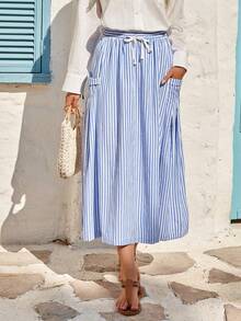女士高腰系带半身裙，蓝白条纹带口袋半身裙，女士度假装扮，休闲/假日细节半身裙，夏季 - 藍白色 - 查看 9