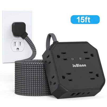 JcBlaon 15ft Extension Cord With 8 Outlets And 4 USB Ports (2 USB-C), Surge Protector Power Strip, Flat Plug, Wall Mountable, Desktop Charging Station For Home, Office, Dorm