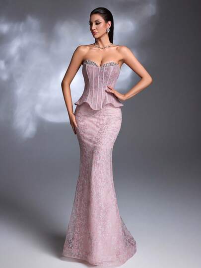 Nuevo vestido de sirena elegante y de lujo hecho a mano con cuentas, cuello y dobladillo con volantes, adecuado para eventos formales, fiestas, bodas y otras ocasiones