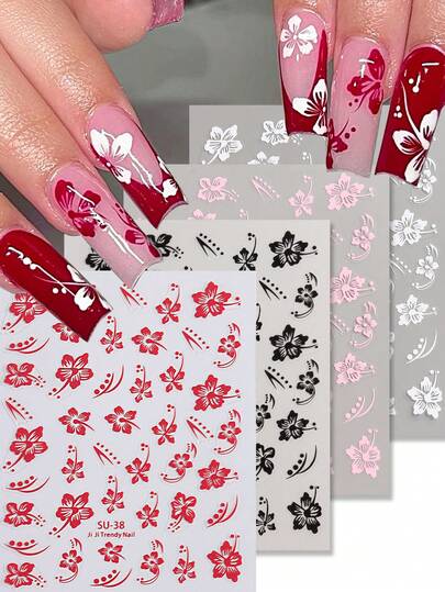 4pcs Hawaiian Style Hibiscus Flower Pattern Nail Stickers, Red, White, Pink, Black, Spring Nail Art Design, Cute Y2K Style Nail Decals, Self-Adhesive Nail Stickers, DIY Nail Salon Accessories, Nail Art Supplies