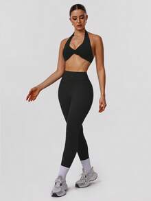 Sodalemon Women's Twist Back Workout Top, V-Neck Padded Solid Color Yoga Casual Sports Bra - Black - View 8