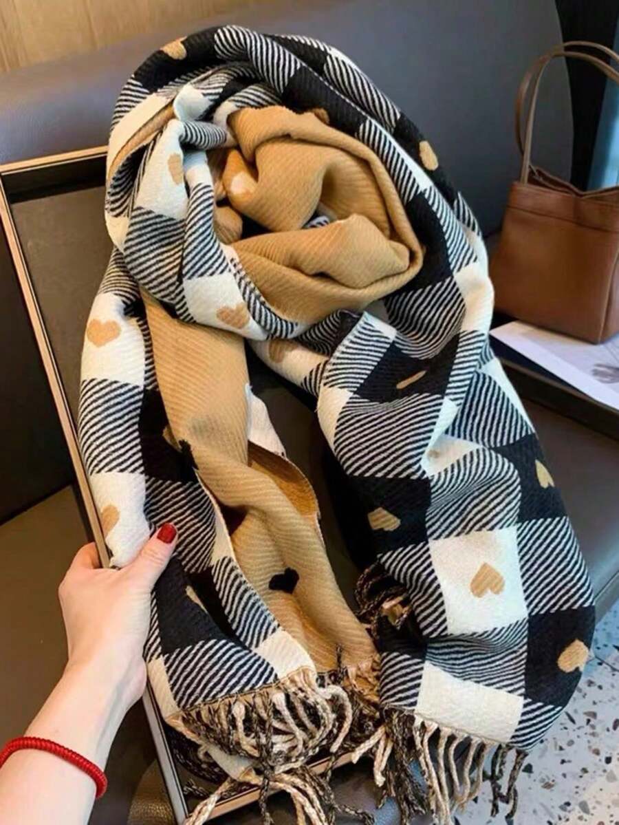 1 buc eșarfă în formă de inimă pentru femei toamnă/iarnă, eșarfă/șal cald în carouri, eșarfă pătură groasă extra mare, potrivită ca și cadou - Multicolor - Vizualizare 1