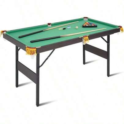 54" Portable Pool Table - Billiard Table For Adults With 2 Cues, Triangle Rack, Chalk & Brush - Compact Wooden Game Table For Home, Game Room, Indoor & Outdoor
