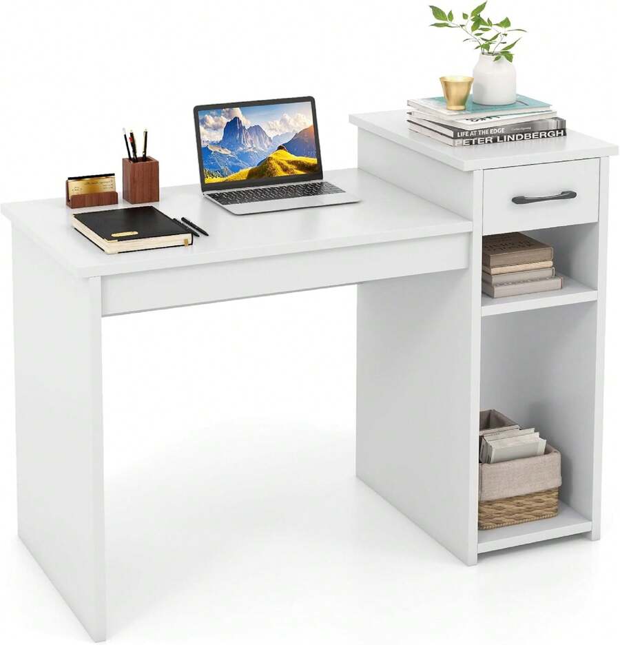 Computer Desk With Drawers, 40'' Writing Desk With Storage Shelves, Wood Vanity Makeup Table, Small Desk For Bedroom, Living Room, Study, Home Office, Small Space, White (40'') - 白色 - 查看 1