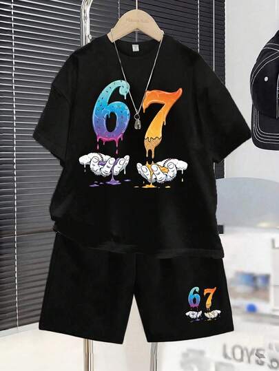 Conjunto informal de verano para niño preadolescente con camiseta de manga corta con estampado numérico y pantalones cortos