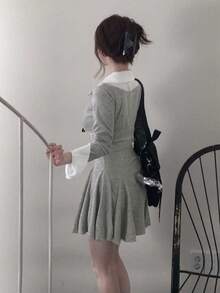 优雅女士二合一翻领束腰连衣裙 春季款 - 灰色 - 查看 3